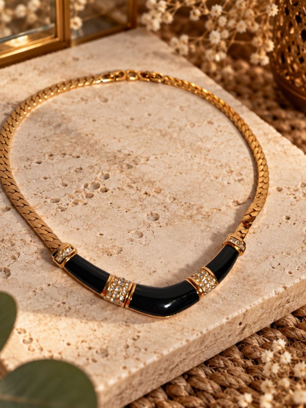 Vintage Christian Dior Black Enamel & Rhinestone Gold-Tone Collar Necklace